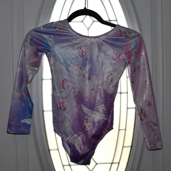 GYMNASTICS LEOTARD Long Sleeve Sparkle Unicorn Girls Size 140 (6-8) - Picture 1 of 4